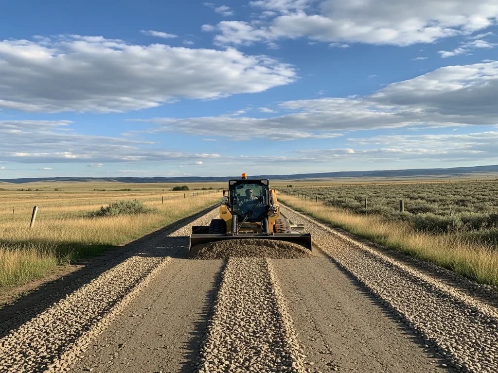 Compact loader grading a long gravel driveway