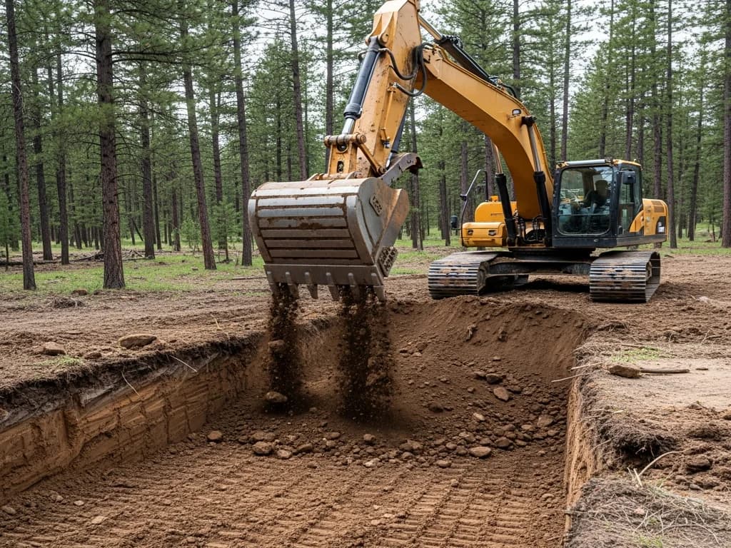 Skid steer and excavator working a fresh earth cut on a treed parcel