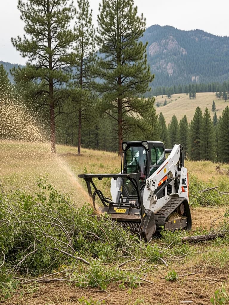 Skid steer with forestry mulcher clearing dense brush on Montana acreage